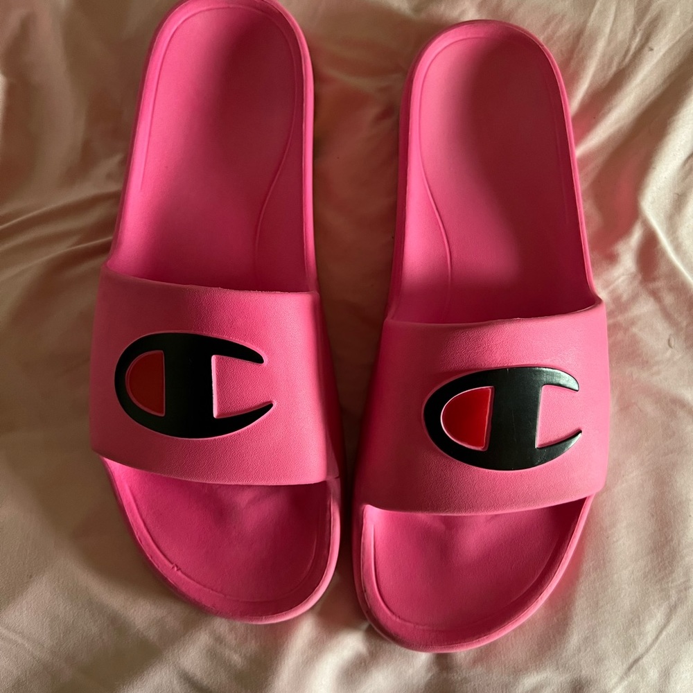 Hot pink Champion slides